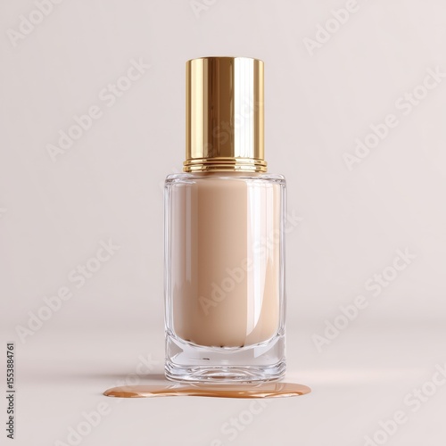 Elegant glass foundation bottle with golden cap, showcasing creamy liquid on soft background for beauty themes.
