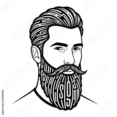 Man with artistic beard design Portrait of a bearded man with a stylish haircut and a confident expression, illustrated in black and white.
