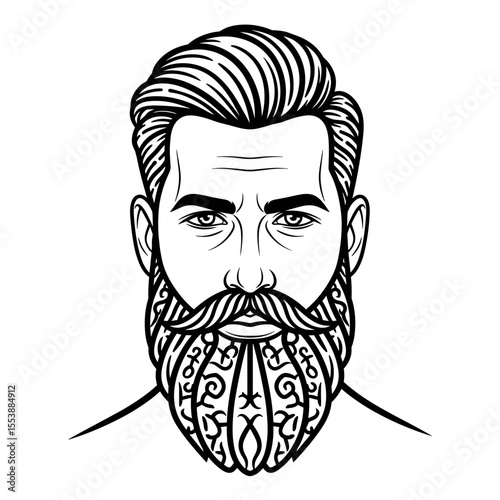 Man with artistic beard design Portrait of a man with an artistic beard and stylish hair, illustrated in black and white.