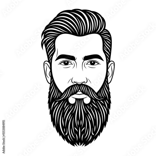 Man with artistic beard design Portrait of a bearded man with stylish hair and a confident expression, illustrated in black and white.