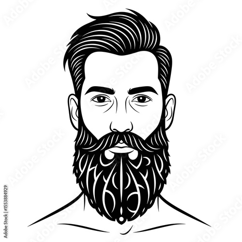 Man with artistic beard design Portrait of a man with a decorative beard and stylish hair, illustrated in black and white.