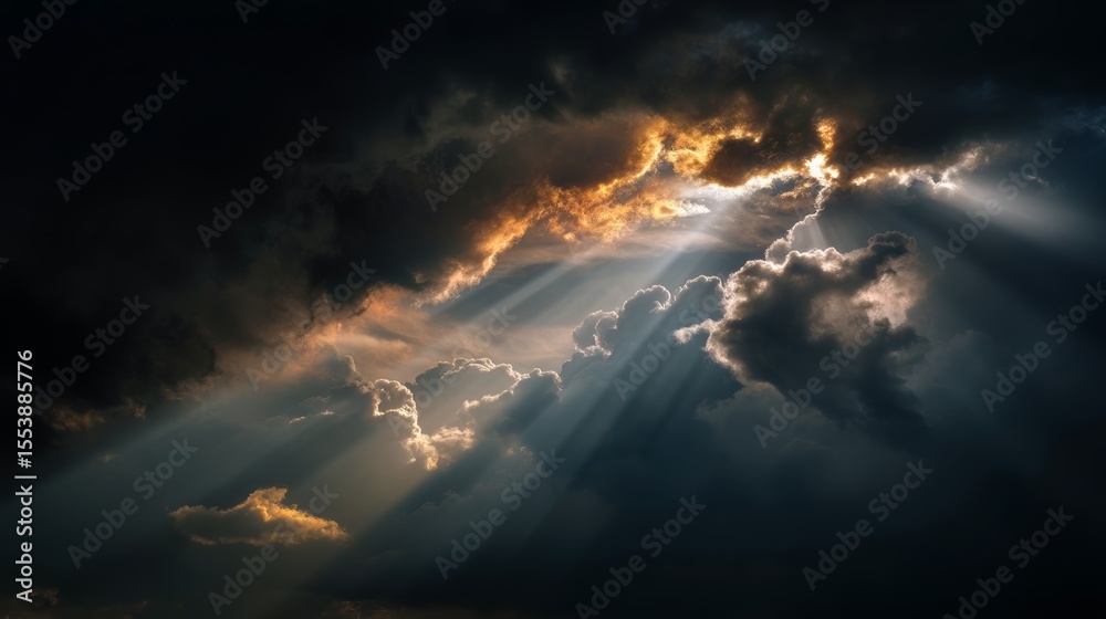 Obraz premium Majestic Sunrise Breaking Through Storm Clouds in Dramatic Light