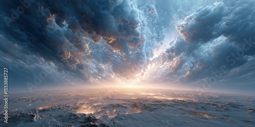 Majestic clouds parting at sunset, revealing a breathtaking horizon with vivid colors and dramatic light patterns.