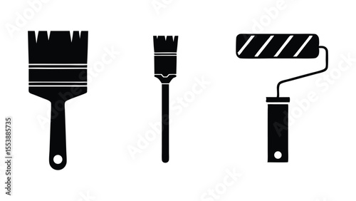 Black Silhouette Paintbrush and Roller Vector Icon Set for Home Design Projects