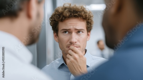 Man looks anxious while discussing with colleagues, reflecting uncertainty in a corporate setting.