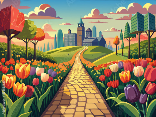 vector of A beautiful plain covered with tulips. It starts with cobblestones and the end of cobblestones leads to a beautiful city.