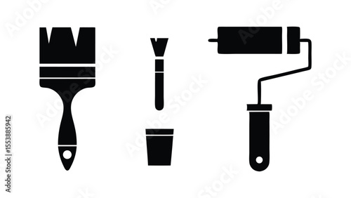 Black Silhouette Paintbrush Roller and Can Vector Icon Set for Home Design Projects
