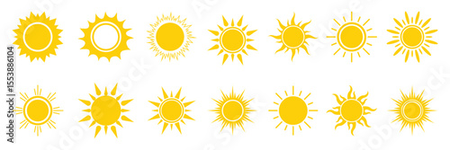 Sun icons set. Sun weather symbol collection. Sunshine, sunlight, sunburst icon set. Decorative circle full and half suns and sunlight collection. Hot solar energy for tan. Yellow sun icons set. 