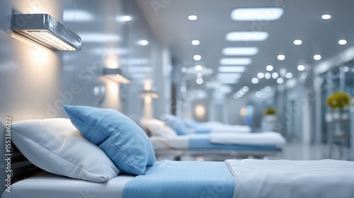 Modern hospital room with neatly arranged beds, bright lighting, and a clean, serene environment for recovery.