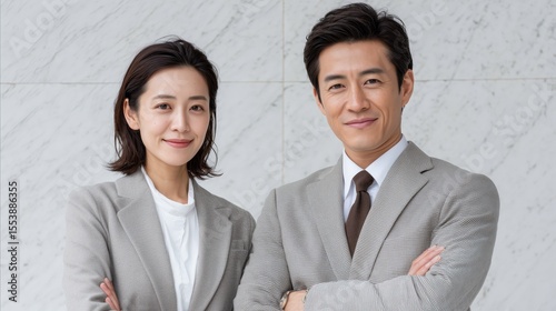 Professional couple posing confidently in business attire against a modern backdrop, showcasing success and teamwork.