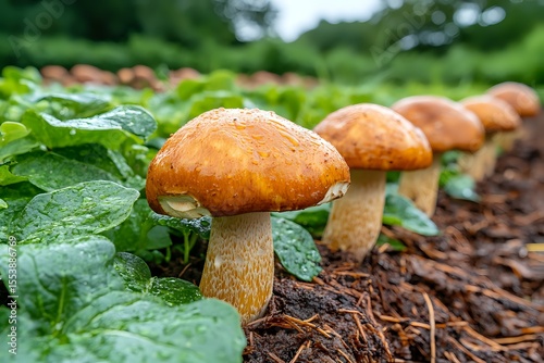 Rows of Orange Mushrooms in a Garden Bed
