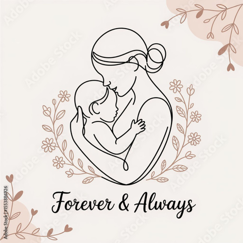 Single line art vector of mother and baby, Parents or Mothers Day celebration on white background.
