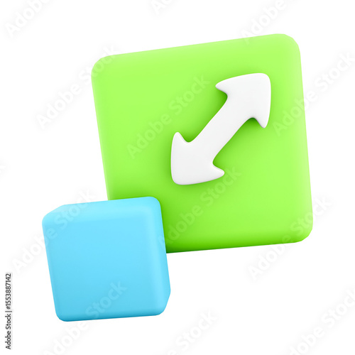 A graphic representation of resizing icons featuring a green square with an arrow and a blue cube.
