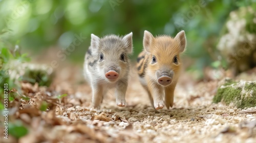 Two adorable piglets explore a forest path, embodying youthful curiosity and innocence in nature's embrace.