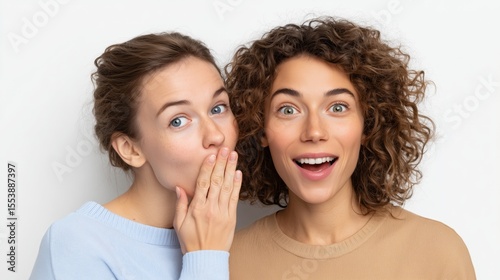 Two friends joyfully sharing a secret and laughing together against a simple background.