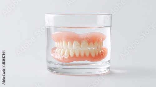 Realistic dentures soaking in a clear glass of water on white background