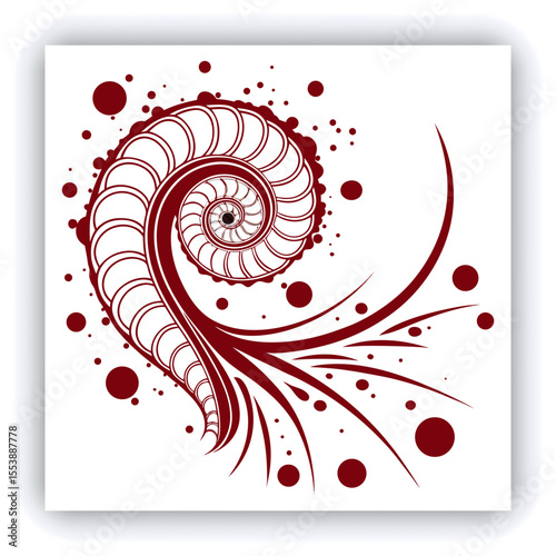 A swirling vortex of vibrant red paint splashes and droplets against a white background.  The paint forms a spiral, with thick, dynamic lines and numerous small, round droplets.  The color is a deep, 