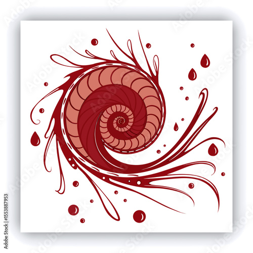 A swirling vortex of vibrant red paint splashes and droplets against a white background.  The paint forms a spiral, with thick, dynamic lines and numerous small, round droplets.  The color is a deep, 