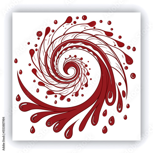 A swirling vortex of vibrant red paint splashes and droplets against a white background.  The paint forms a spiral, with thick, dynamic lines and numerous small, round droplets.  The color is a deep, 