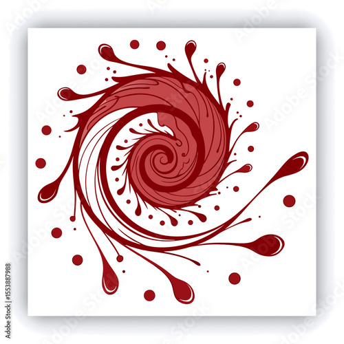 A swirling vortex of vibrant red paint splashes and droplets against a white background.  The paint forms a spiral, with thick, dynamic lines and numerous small, round droplets.  The color is a deep, 