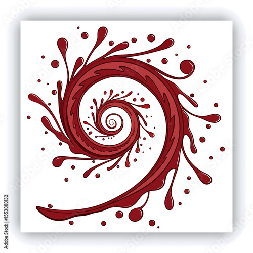 A swirling vortex of vibrant red paint splashes and droplets against a white background.  The paint forms a spiral, with thick, dynamic lines and numerous small, round droplets.  The color is a deep, 