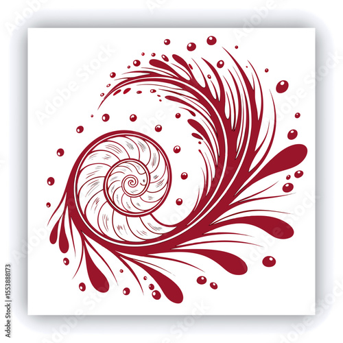 A swirling vortex of vibrant red paint splashes and droplets against a white background.  The paint forms a spiral, with thick, dynamic lines and numerous small, round droplets.  The color is a deep, 