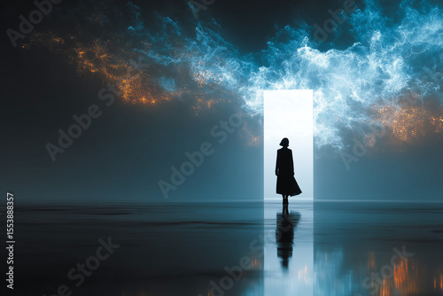 Silhouette of a Woman Standing at a Glowing Doorway in a Surreal Dreamlike Landscape