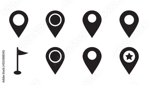 Simple Black Vector Silhouette Icon Set of Map Pins for Travel Maps, Location Markers, and Navigation Design Projects