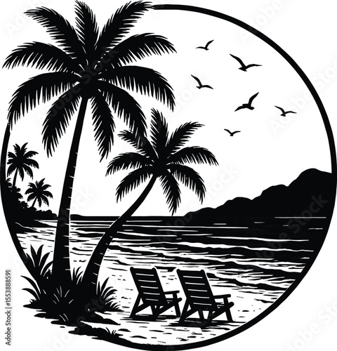 Tropical Beach Silhouette with Palm Trees, Ocean Waves, and Seaside Chairs – Summer Vacation Vector
