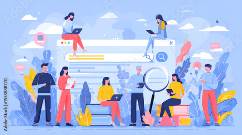 Search concept set. Collection of characters using artificial intelligence generative tools for searching or browsing internet. SEO concept. Vector illustration. 