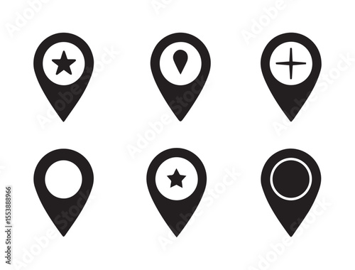 Versatile Black Vector Silhouette Icon Set of Map Pins for Travel Guides, Navigation Apps, and Location-Based Design Projects
