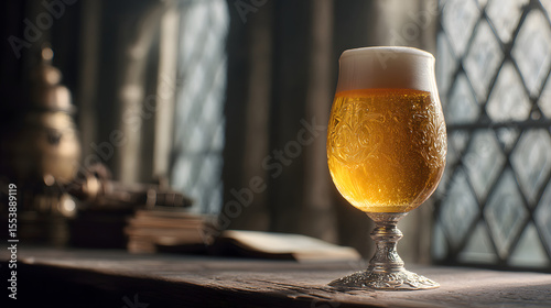 Golden ale in glass goblet: crystal-clear golden ale in ornate pewter goblet shows perfect carbonation cascade, condensation trails