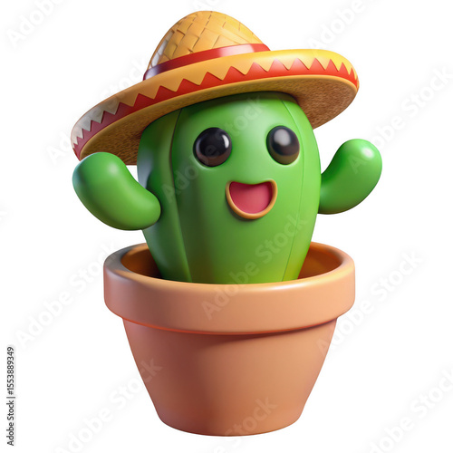 Cute cartoon cactus wearing a sombrero isolated on transparent background