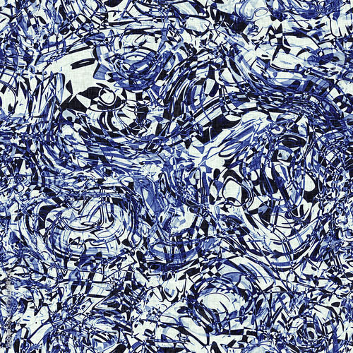 Dye wash indigo blue textur fabric effect background, Seamless glitch patched pattern in masculine Japanese block print style. 