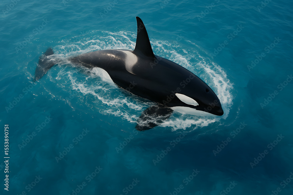 Obraz premium A majestic killer whale, with its distinctive black and white markings, gracefully surfaces in the vibrant blue ocean, creating a ripple of white water