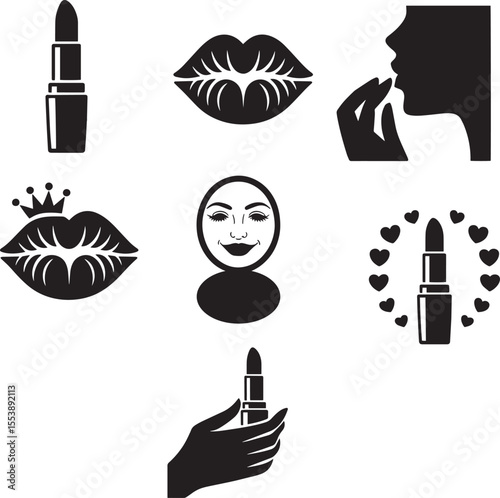 Black lipstick and lips icons with crown hearts and face beauty cosmetic