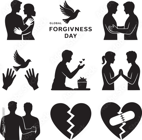 Black and white icons of people hugging and broken hearts embrace couple