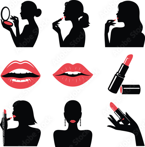 Black silhouette women applying lipstick and makeup with red lips woman