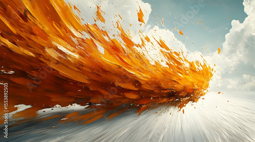 Dynamic brushstrokes of orange paint streaking across a light blue sky with clouds, creating a sense of movement