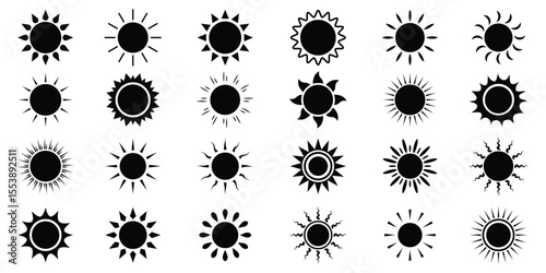 sun icons set, sunshine and solar glow, sunrise or sunset. Decorative circle full and half suns and sunlight collection. Hot solar energy for tan. Sun weather symbol collection. Sunshine. 