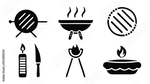 Black Silhouette BBQ and Grilling Vector Icon Set for Outdoor Cooking Designs