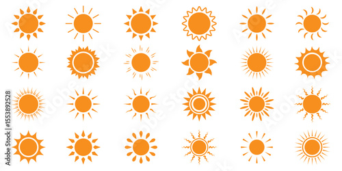 Sun icons set. Sun weather symbol collection. Sunshine, sunlight, sunburst icon set. Decorative circle full and half suns and sunlight collection. Hot solar energy for tan. Yellow sun icons set. 