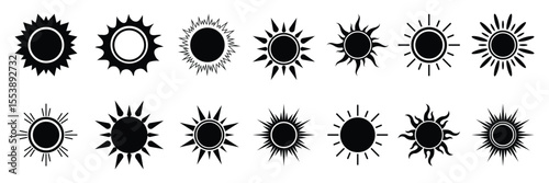 sun icons set, sunshine and solar glow, sunrise or sunset. Decorative circle full and half suns and sunlight collection. Hot solar energy for tan. Sun weather symbol collection. Sunshine. 