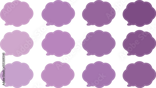 All the bubbles have a distinctive, rounded, cloud-like, or scalloped edge design. This vector image features twelve speech bubbles.