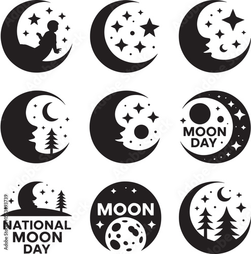 Nine black and white graphic icons featuring crescent moons with stars and various elements night