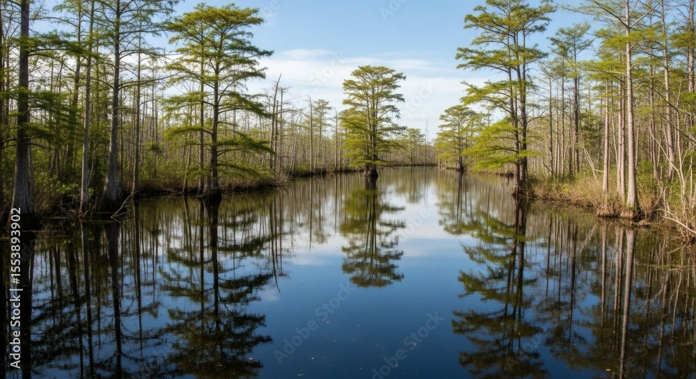 Still Waters Reflecting Towering Cypress Trees in a Tranquil Swamp Landscape