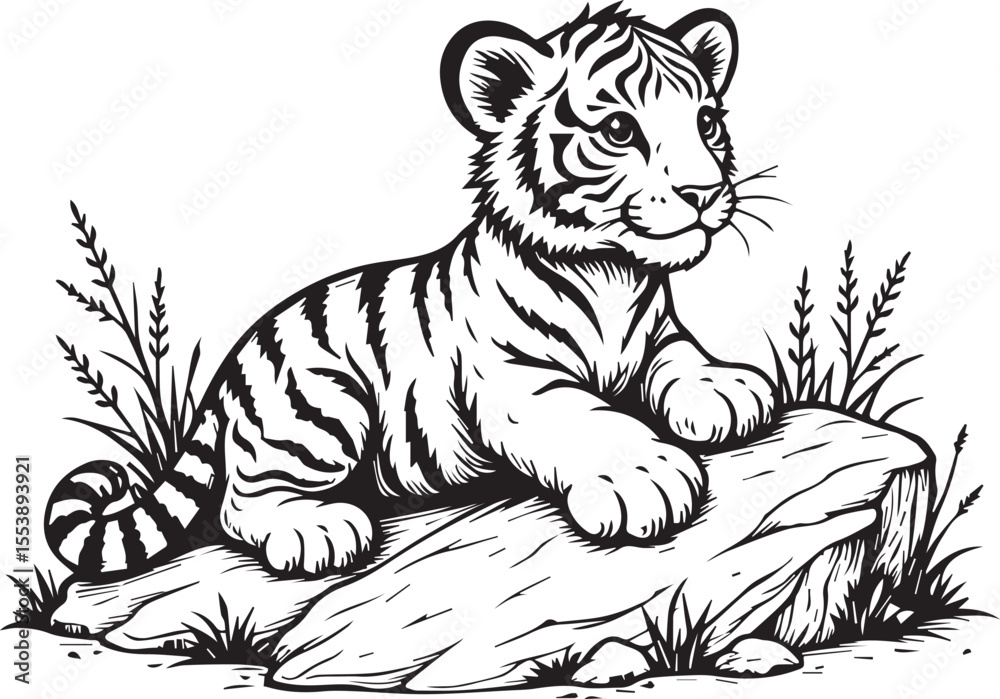 Obraz premium Tiger Cub on Rock: A charming, line art illustration depicts a playful tiger cub perched atop a textured rock, surrounded by detailed blades of grass, inviting a sense of curiosity and charm