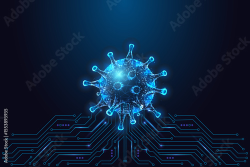Digital virus low poly wireframe above circuit board, healthcare and biotech future concept vector