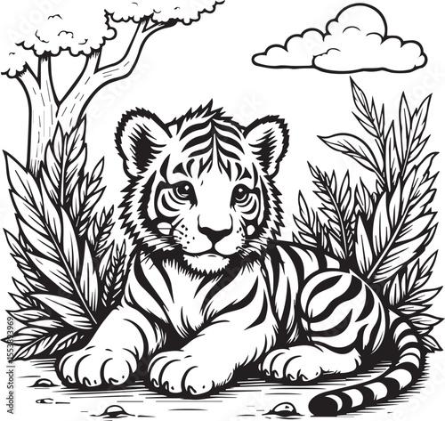 Playful Tiger Cub in Nature: A charming depiction of a tiger cub lounging amidst lush foliage, showcasing its innocent gaze and intricate stripes in a monochromatic illustration.