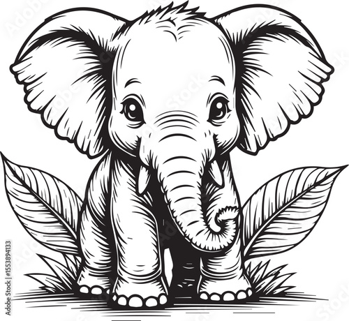 Adorable Baby Elephant: A charming illustration of a baby elephant with big ears and a sweet expression, surrounded by lush foliage, embodies playful innocence and the wonders of nature.